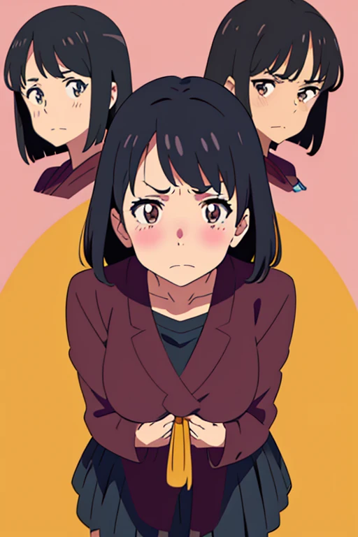 kyoto animation anime style, collage girl, big breast, short hair, black hair, brown eyes, angry face, blush face, no smile, mature face, full body pictures