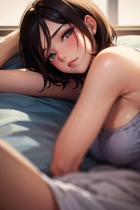 bedroom, lying down pose, girl, brown hair, short hair, camisole, ultra-high quality, 8k