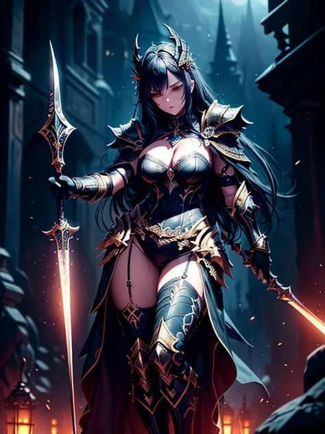 (((masterpiece, best quality, 8k)))A dark and cursed female game character,((perfect face)), wearing ornate black and gold armor, wielding a cursed blade, with dark vambraces and cursed boots, in a gloomy, atmospheric lighting,(((full body shot))), (best q...