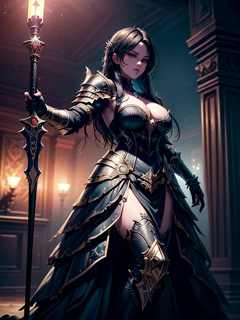 (((masterpiece, best quality, 8k)))A dark and cursed female game character,((perfect face)), wearing ornate black and gold armor, wielding a cursed blade, with dark vambraces and cursed boots, in a gloomy, atmospheric lighting,(((full body shot))), (best q...