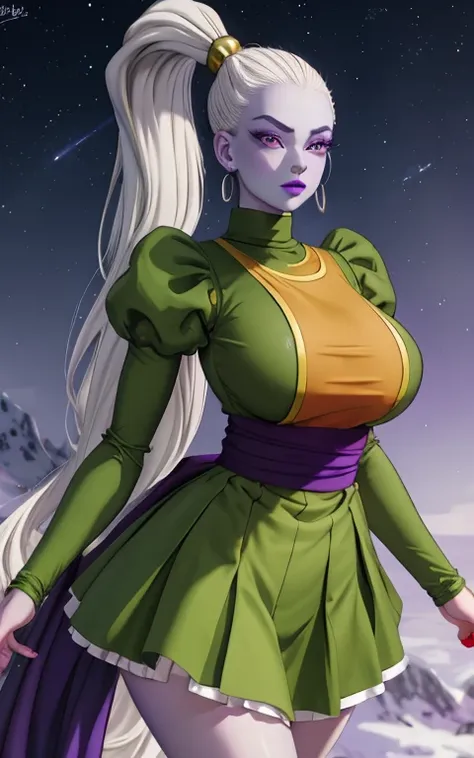 dress_dragonballsuper_vados_ownwaifu, 
1girl, blue skin, white hair, hair pulled back, high ponytail, purple eyes, colored skin,...