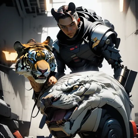 a tiger is sitting on top of a robot with a gun in its hand and a gun in its hand, Aleksi Briclot, warhammer, concept art, furry art