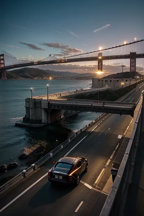 Rolls royce phantom rosa oscuro en un atardecer con el puente Golden gate de fondo 