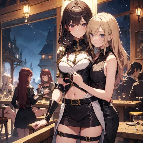 A group of  female medieval fantasy adventurers, (in tavern), various hair styles, harem, night, details face, short skirt, seducing, sleeveless, armor, midriff 