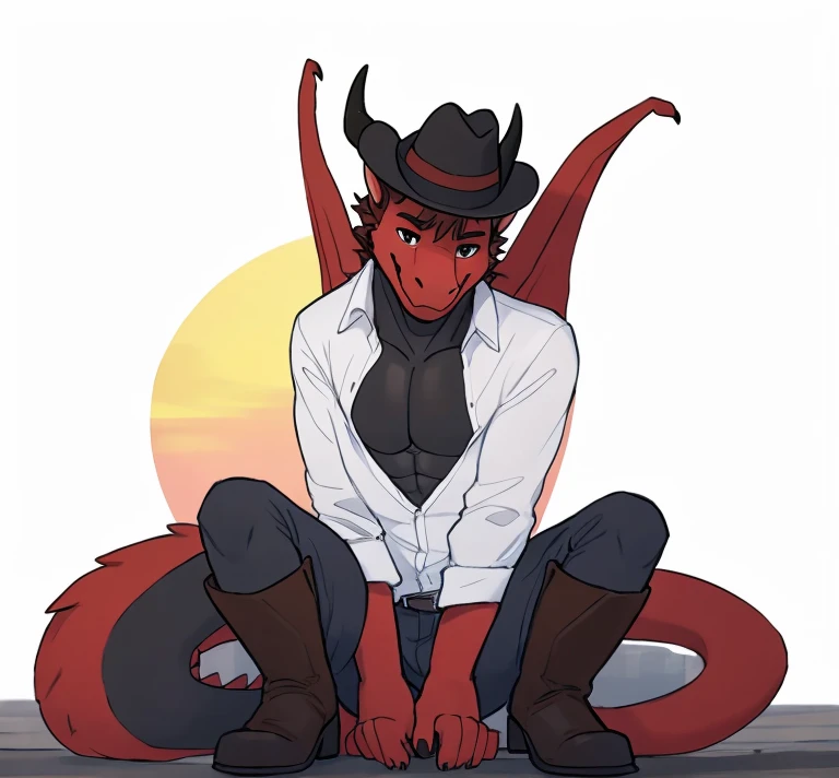 ((jonathan 
a red and black male dragon with brown hair and black eyes and black horns with a cowboy hat and boots  the backgrou...