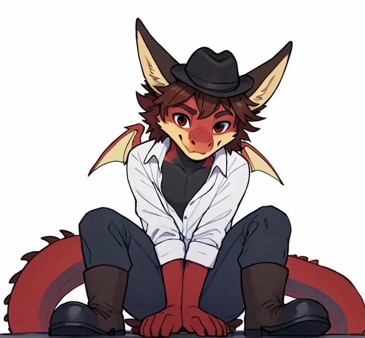 ((jonathan 
a red and black male dragon with brown hair and black eyes and black horns with a cowboy hat and boots  the backgrou...