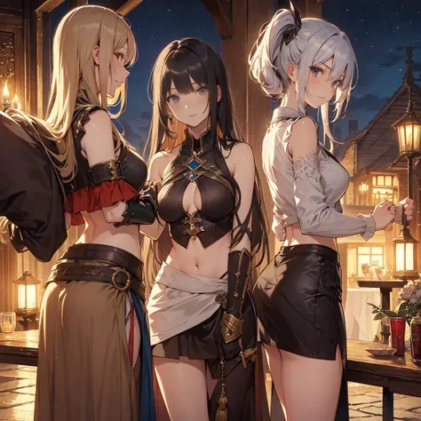 A group of  female medieval fantasy adventurers, (in tavern), various hair styles, harem, night, details face, short skirt, seducing, sleeveless, armor, midriff, nape