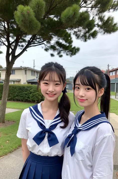 Two girls standing in an old Japanese schoolyard,White sailor shirt with bow tie,Indigo Hakamashita,A small dark red ribbon in her hair,18-year-old,bangs,Smile a little,Low Ponytail,From below,(Holding a condom:1.2)