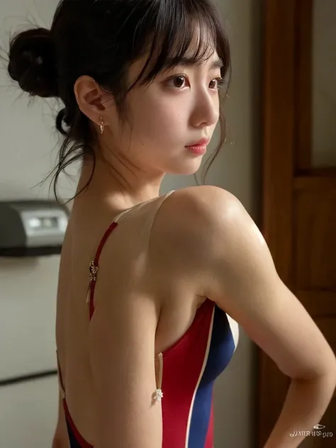 One-piece competitive swimming suit,Full body photo,From the side, Hip Up,((Azirine)), Side pose, Random posture, night time, (An extremely delicate and beautiful work), (masterpiece), (((1. 18-year-old Japanese woman:1.5))), Very detailed, The ponytail is...