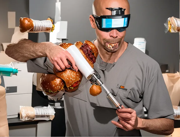 a Bender is holding a hamburger and a gun royalty photo, operating on burgers, holding a syringe!!, holding a syringe, holding syringe, surgeon, stock photo, eating meat, serving burgers, alamy stock photo, stock image, shutterstock, devours a hamburger, h...