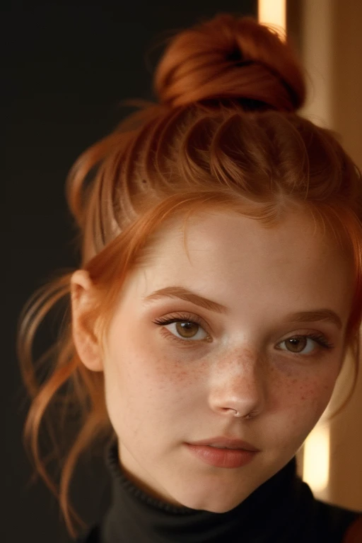 an eye contact of a redhead with bun hair and dark theme katyasitak