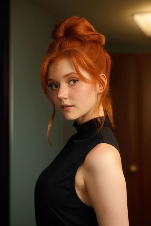 an eye contact of a redhead with bun hair and dark theme katyasitak