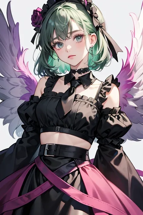 Roses top has slightly wider sleeves with sharper accents. Her midriff collar is more open, revealing a part of her collar-bone area and she wears a black choker around her neck. She wears a grey top with a black collar. Her skirt design now resembles a re...