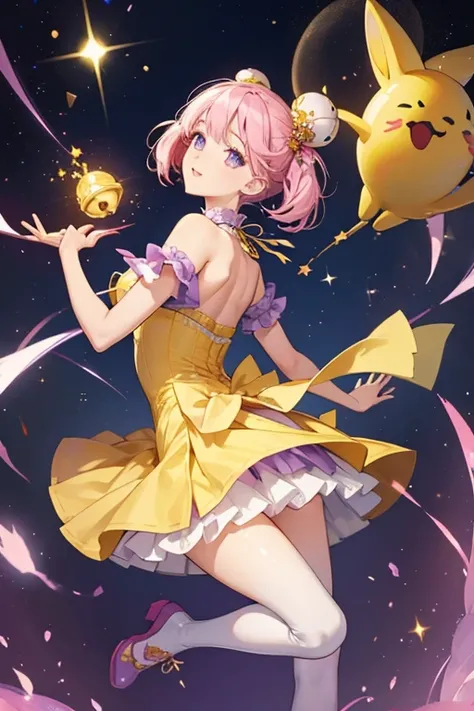 For apparel, Spica wears a short-sleeved yellow v-neck dress with puffy shoulders. Her skirt line is bell-shaped wide and trimmed around with triangle skirt flairs with yellow bead tips, similarly that of a jesters top. Her waist is tied around to the back...