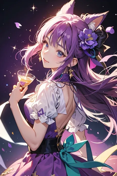 In Tell Me, Magical Pendulum, Sumires second apparel is similar to her original outfit. She wears no hat on her head and instead wears a dark purple flower ornament on her hair, with a green ribbon. Her collar has a more petal flower design and colored pin...