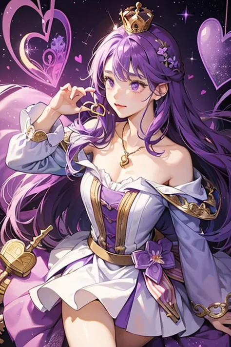 In Magic Mirror, when enlarged, her key has a slightly deeper colour of purple with a small crown on top of the heart-outlined handle, a heart-shaped decor below the handle, and the violet flower crest is placed on a golden base. SPARKLE; GLITTER