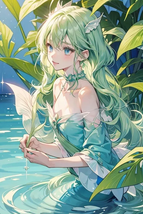 Wakame has blue eyes and long, light green hair that separates into separate strands near the ends. She wears pearl hair clips and has very pale colored wings. She wears a pink top made from plant and has a lavender mermaid tail with a pearl chain has tiny...