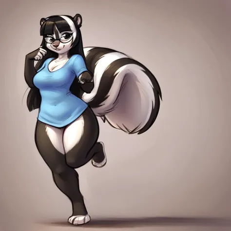 e621, (female:1.2) (anthro sabrina:1.2), skunk girl, (tail:1.5), leg, black eyes, glasses, blue shirt, has thick thighs, doing a sexy pin up pose,  high quality, crisp