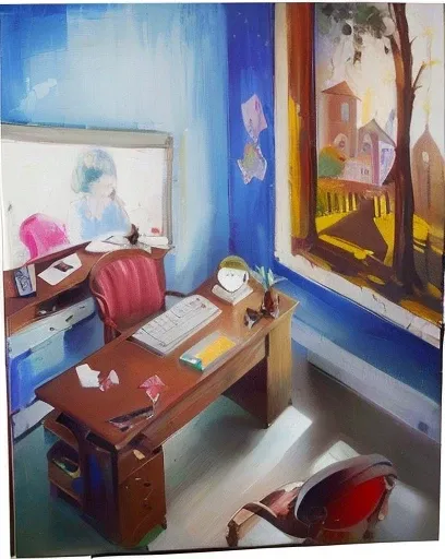 painting of a desk with a keyboard and a chair in a room, inspired by Clarice Beckett, inspired by Jean Dufy, painting of a room, by Géza Udvary, inspired by Jean Tabaud, inspired by Louis Glackens, by Sándor Bortnyik, inspired by Maurice de Vlaminck