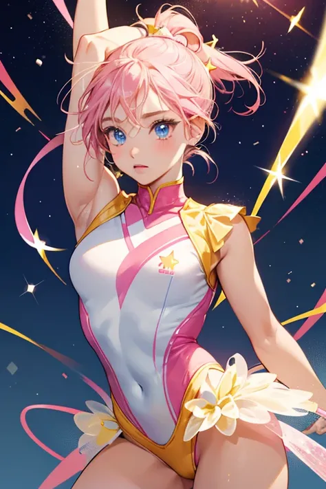 Acrobatchi has light yellow skin, blue eyes, and two pink stars on her cheeks. She has a lighter yellow and pink loop on her head, with an orange star in the middle. She wears a hot pink gymnastic bodysuit with blue and pink stripes, a pale pink tutu, and ...