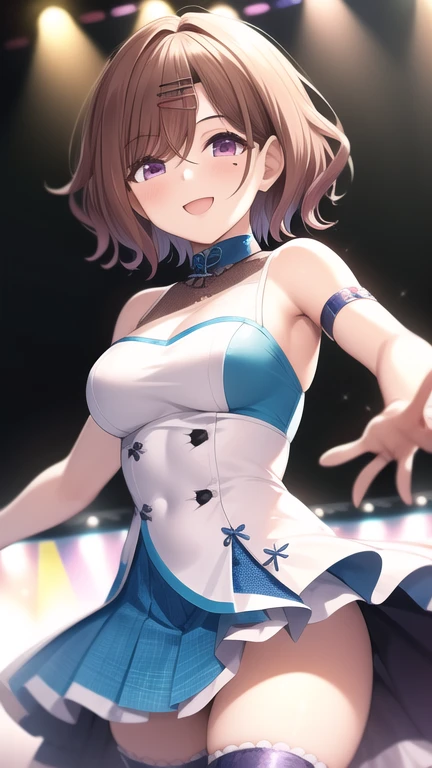 masterpiece, best quality, 1girl, solo, higuchi madoka, brown hair, mole under eye, hair ornament, hairclip, short hair, bangs, purple eyes, cowboy shot, idol, idol dress, thighhighs, smile, on the stage