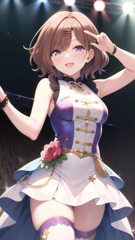 masterpiece, best quality, 1girl, solo, higuchi madoka, brown hair, mole under eye, hair ornament, hairclip, short hair, bangs, purple eyes, cowboy shot, idol, idol dress, thighhighs, smile, on the stage