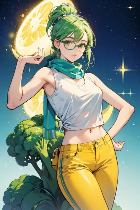 she is yellow in color with a long head. she wears a white tank top with blue stripes, a dark blue scarf, light blue pants, a brown fanny pack, and oval-shaped glasses. Her hair is tall and green, similar to broccoli.  SPARKLE; GLITTER