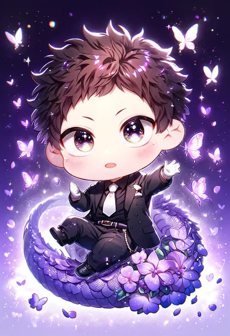 Ultra detailed, Highres, absurdres, HDR, Chisaki Kai Chibi, Overhaul, dark brown hair, short hair, expressive golden eyes, white necktie, black shirt, glittering purple butterflies, Boku No Hero Academia, white gloves, petals, magical, man, cute, very deta...