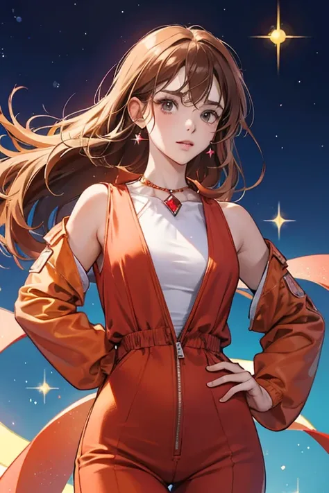  peach skin, and brown hair. They wear a red jumpsuit with a blue gem near the neck. SPARKLE; GLITTER