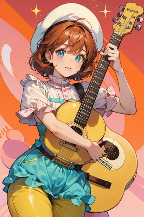 Amamelotchi resembles a custard pudding topped with chocolate or caramel and strawberry sauce, as well as an orange cap shaped like a cream dollop. she has blue eyes, a frilled red shirt, and pink pants. she also carries a guitar on her back, which appears...