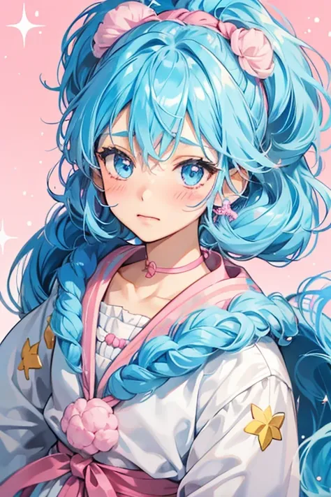 Amipoketchi has a pink body and wears a light blue band around her neck. She has puffs of hair sticking out the sides of her face and light blue hair. Her ears appear to be brown patches and her blushes are sewn on her face. SPARKLE; GLITTER