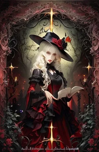 a painting of a woman in a red dress and hat, in a halloween style, alucard, [ tarot card ]!!!!!, official fanart, l vampire, machiavellian puppetmaster, gothic!!, by Ei-Q, official artwork, scarry but bewitching, inspired by Li Chevalier, baroque visual k...