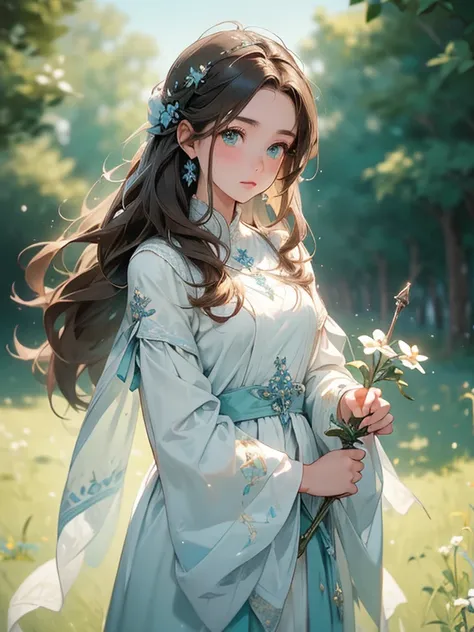 ((masterpiece, best quality, 8k))A serene artwork of a calming female character in a peaceful, natural setting. She is dressed in white and blue clothes that evoke a sense of tranquility. Her brown hair and green eyes are soothing to behold. She carries a ...