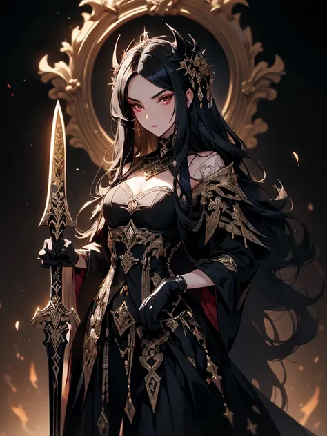 ((masterpiece, best quality, 8k))An opulent and dark artwork of a devilishly beautiful female character in a sinister, opulent environment. She wears clothes of black and gold, exuding an aura of luxurious darkness. Her long black hair and scarlet eyes are...