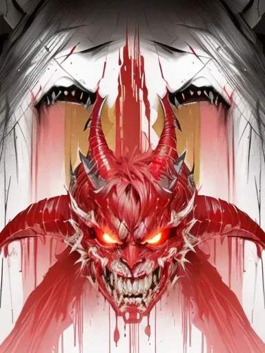 a drawing of a demon with a red face and horns, portre of a psyschonaut demon, demon, devious evil expression, cacodemon, demonic face, devil, anger. hyper detailed, evil expression, villain wearing a red oni mask, demon horn, satanic, emitting evil red au...