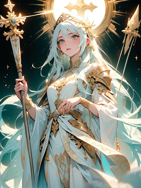 ((masterpiece, best quality, 8k))A divine and radiant artwork of a holy female character in a heavenly, ethereal setting. She wears white and gold clothes that shimmer with divine light. Her presence is serene and awe-inspiring. She holds a holy staff, exu...