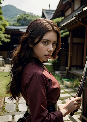 scarlett johansson in Japanese  outfit and in the background a battlefield, holding a katana, photo. 