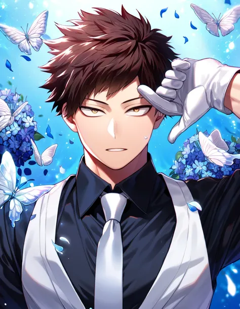 Ultra detailed, HDR, Highres, absurdres, master piece, Chisaki Kai, Overhaul, brown hair, short hair, expressive golden eyes, black shirt, white necktie, white gloves, Boku No Hero Academia, glittering silver butterflies, petals, blue flowers, handsome, se...