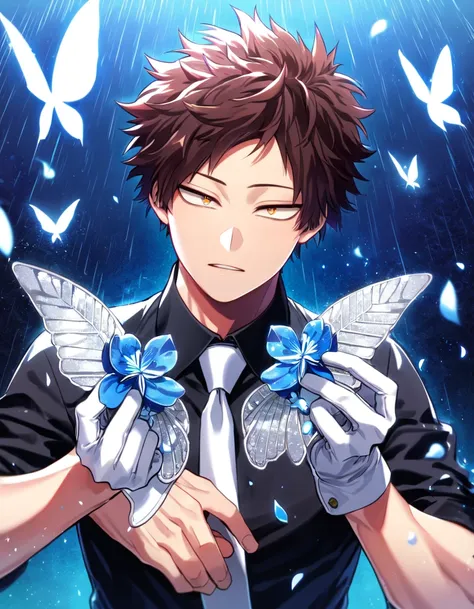 Ultra detailed, HDR, Highres, absurdres, master piece, Chisaki Kai, Overhaul, brown hair, short hair, expressive golden eyes, black shirt, white necktie, white gloves, Boku No Hero Academia, glittering silver butterflies, petals, blue flowers, handsome, se...