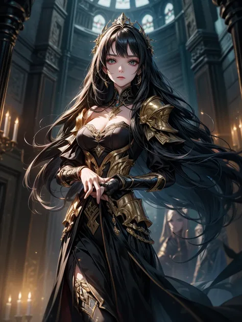 ((masterpiece, best quality, 8k))A breathtaking artwork of a female character of unimaginable beauty(perfect face features), set in a dark and opulent environment. The ((full-body)) view reveals an impressive figure, exuding an aura of power and mystery. S...