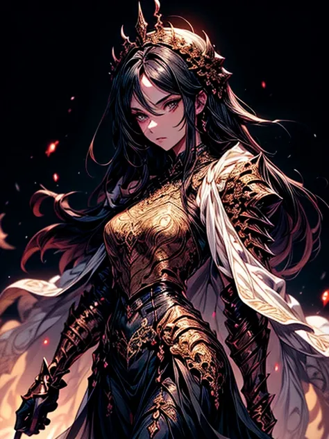 ((masterpiece, best quality, 8k))A breathtaking artwork of a female character of unimaginable beauty(perfect face features), set in a dark and opulent environment. The ((full-body)) view reveals an impressive figure, exuding an aura of power and mystery. S...