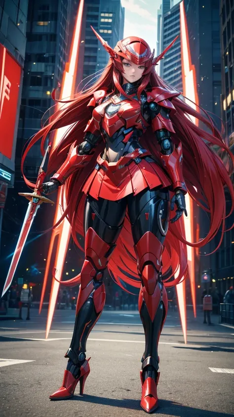 long red hair,Large female robot , Sci-fi fluorescent armor,helmet ,，chest，female body，Mechanical joints，wing，skirt，thigh， High heel, Standing，front，sci-fi sword，City(masterpiece, best quality, high quality, High resolution, Extremely detailed),