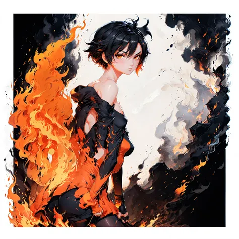 a woman in a black and orange outfit standing in front of a fire, artgerm and atey ghailan, best anime 4k konachan wallpaper, krenz cushart and artgerm, her body made of flames, badass anime 8 k, extremely detailed artgerm, she has fire powers, ryuko matoi