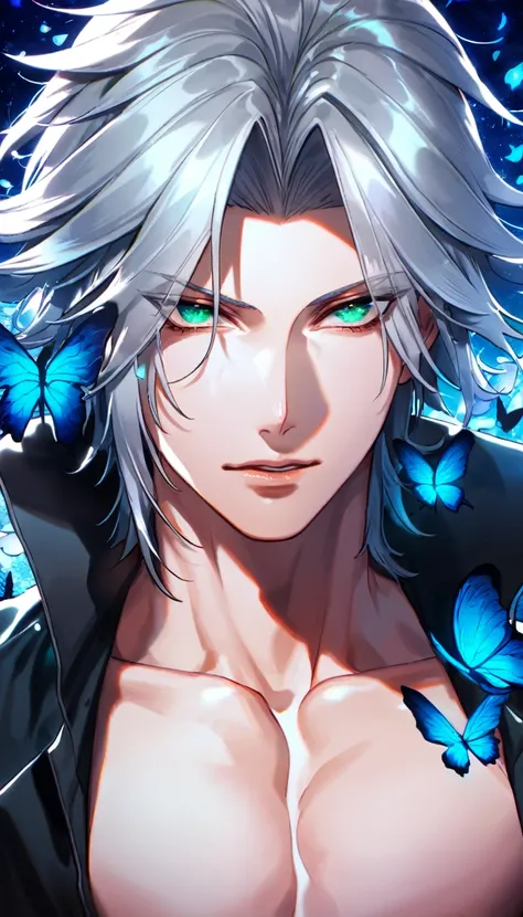 Ultra detailed, HDR, Highres, absurdres, master piece, Gokudera Hayato, gray hair, without bangs, expressive green eyes, black shirt, Katekyo Hitman Reborn!, glittering blue butterflies, petals, blue flowers, handsome, sexy man, toned chest, extremely deta...