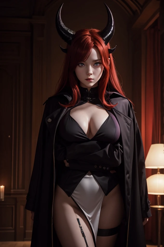 4k, 8k, masterpiece, best quality, upper body, 1girl, looking at viewer, red hair, medium hair, purple eyes, demon horns, black coat, indoors, dimly lit, the age of the actress is 23 years old, open bust naked