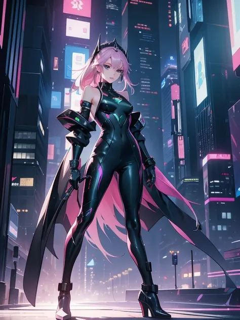 A sleek and modern artwork of a cyberpunk female character in a high-tech, futuristic cityscape. The full-body view reveals her clad in black and silver clothes, featuring armored boots, a chestplate, and ornate shoulder pads. Her pink hair and green eyes ...