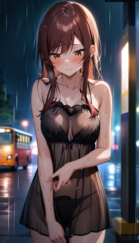 1girl, osaki_amana, shiny_colors, suggestive, seductive, (soaked, wet), sweat, ((raining)), blury background, latest, blush,  sleeveless, bare shoulder, night, warm glow, outdoor, official art, nsfw, bus stop, half-closed_eyes, looking down, medium breasts...