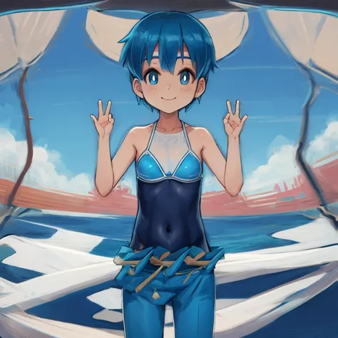 masterpiece, best quality, pkmnLana, white pupils, headband, blue sailor collar, sleeveless white shirt, swimsuit under clothes, blue pants, closed eyes, smile, happy, hands on hips, palm trees, blue sky