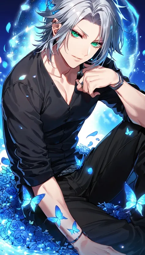 Ultra detailed, HDR, Highres, absurdres, master piece, Gokudera Hayato, gray hair, without bangs, expressive green eyes, black shirt, Katekyo Hitman Reborn!, glittering blue butterflies, petals, blue flowers, handsome, sexy man, extremely detailed face and...