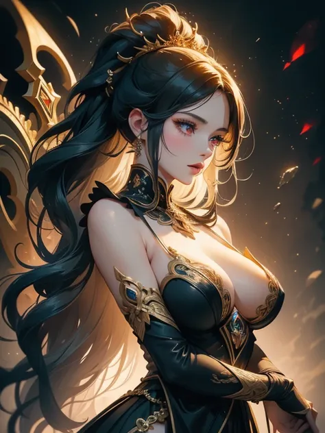 A breathtaking artwork of a female character of unimaginable beauty, set in a dark and opulent environment. The full-body view reveals an impressive figure, exuding an aura of power and mystery. She wears black and gold clothes, radiating a luxurious darkn...